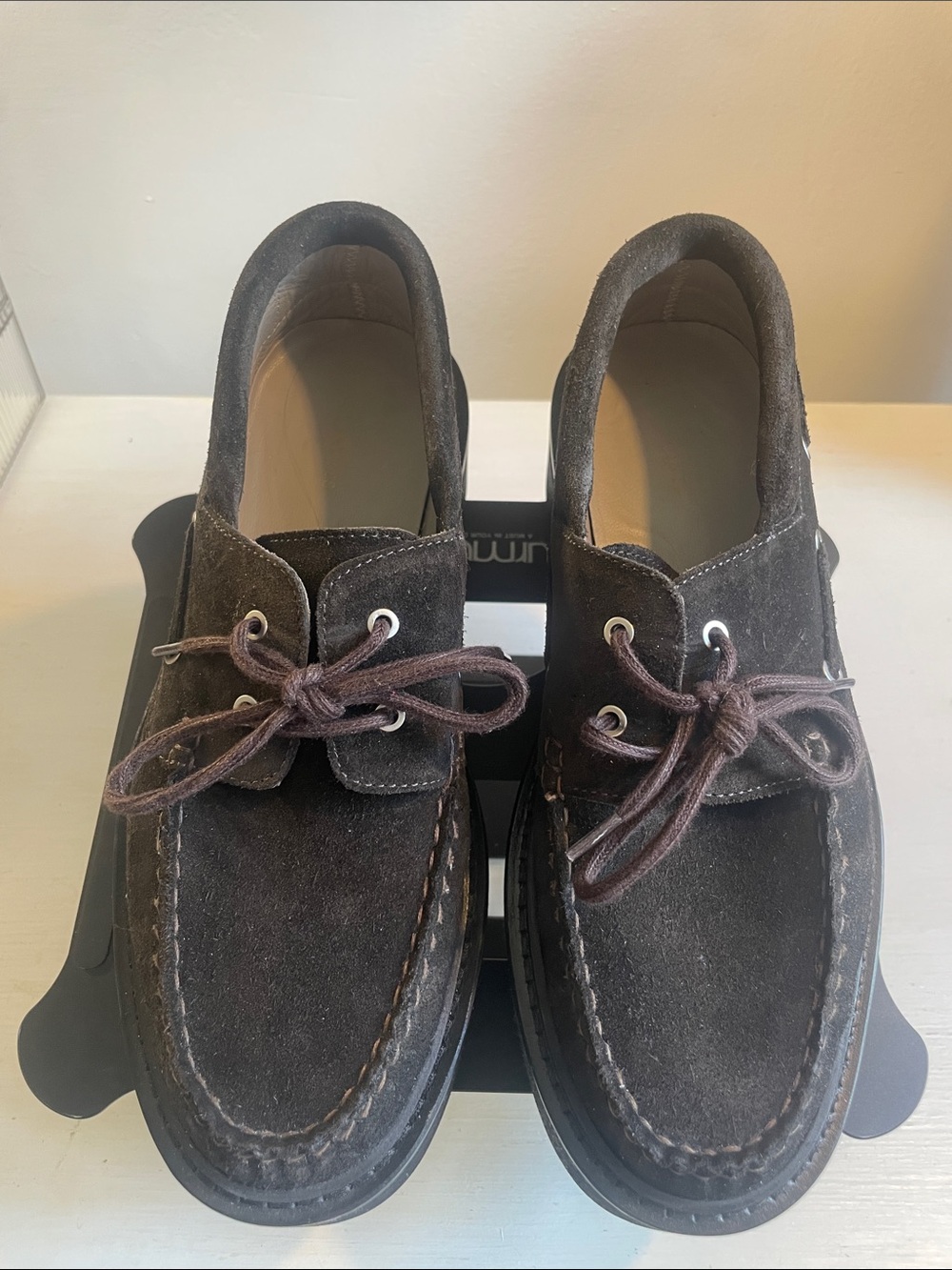 AllSaints Suede Lace-Up Platform Boat Loafers in Dark Brown Size 38